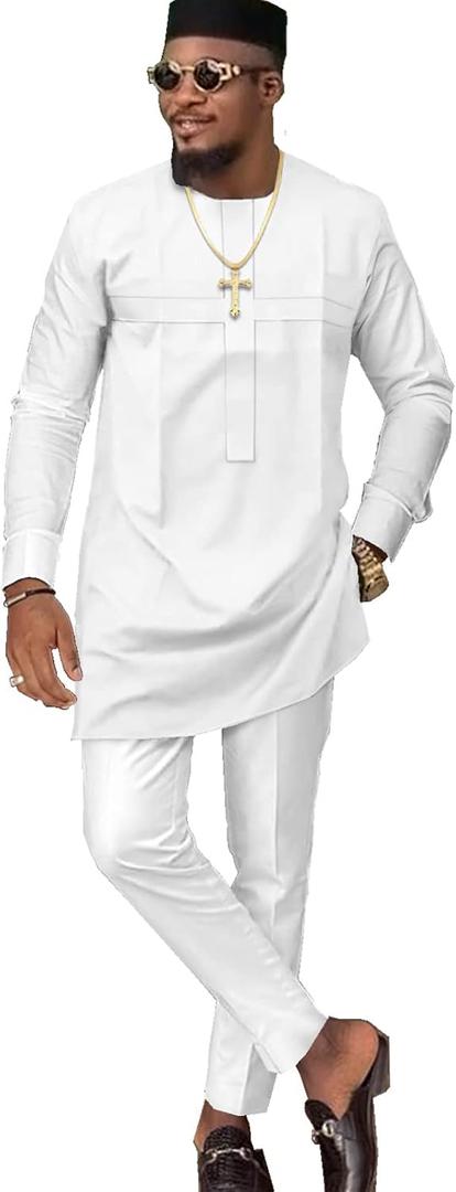 African Church Suits for Men Dashiki Shirt Pant Two Piece Outfits Casual Attire Nigerian Clothes (White, L)
