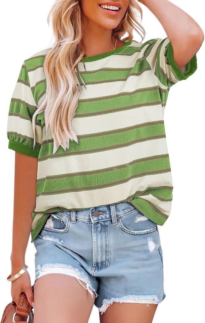 Dokotoo Womens Summer Tops 2026 Striped Color Block Short Sleeve Fashion T-Shirts Crewneck Casual Loose Basic Tee Blouses (Green, M)