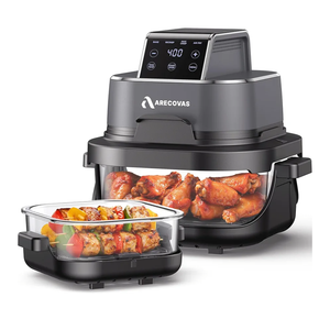 4-in-1 Portable Glass Air Fryer, 140–400°F Precise Heat, Max Crisp Technology, 4.2QT & 1.6QT Dual Containers with Lids, Freezer & Dishwasher Safe, Bake, Recrisp, Air Fry