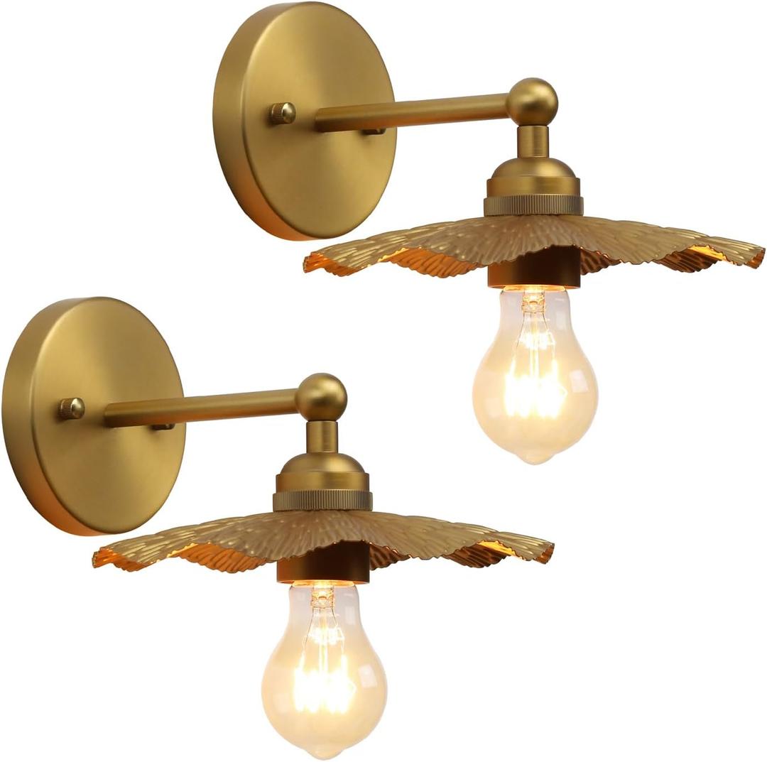 Phansthy Hardwired Wall Lighting, Barn Wall Sconces Antique Brass Indoor Wall Lights with Hammered Metal Lotus Leaf Texture Shade, Vanity Wall Lamp for Bathroom Bedroom Kitchen (One-Light 2 Pack)