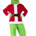Christmas Green Costume for Men 7 Pcs Furry Adult Santa Claus Costume Mask Santa Suit Large