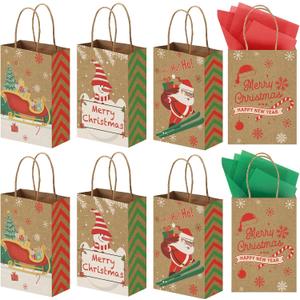 VGOODALL 30 Pack Christmas Treat Bags with Tissue Paper, Kraft Paper Gift Bags with Handle for Christmas Party Favors Gift Exchange (Multicolor)