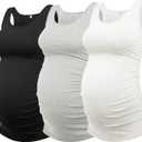 AMPOSH Womens Maternity Tank Tops 3 Pack Cotton Sleeveless Ruched Side Pregnancy Postpartum Shirts Soft Stretch Basic Top, M