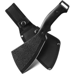 11 Inch Hatchet with Sheath, Small Compact Machete Axes, Fixed Blade Full Tang Camping Tactical Knife for Woodworking, Garden Machete Axe with Sheath for Bushcraft Yards Bushes Wood, A2BK (Black)