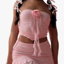 Sexy Outfit for Women Pink Sweet Mesh Pleated Tube Vest Slim Short Skirt 2-Piece Set (No Size)