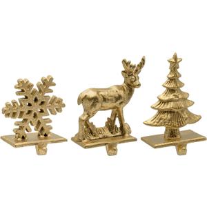Red Co. Set of 2 Snowflake, Reindeer & Christmas Tree Decorative Cast Iron Stocking Holders in Old Gold Finish