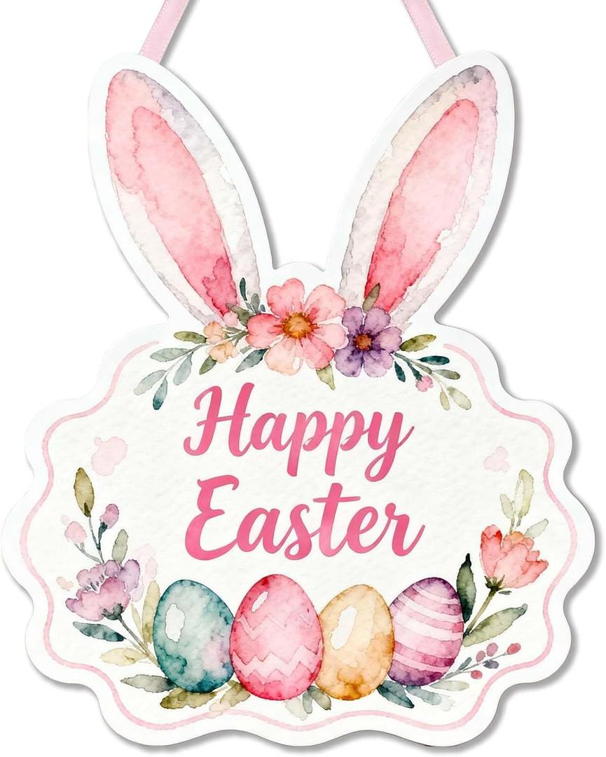 Easter Wreath for Front Door, Happy Easter Bunny Decor - Wooden Welcome Sign with Rabbit Shaped Design, Spring Wall Hanging for Indoor Outdoor Home Door Wall Fireplace Decorations (12x10in)