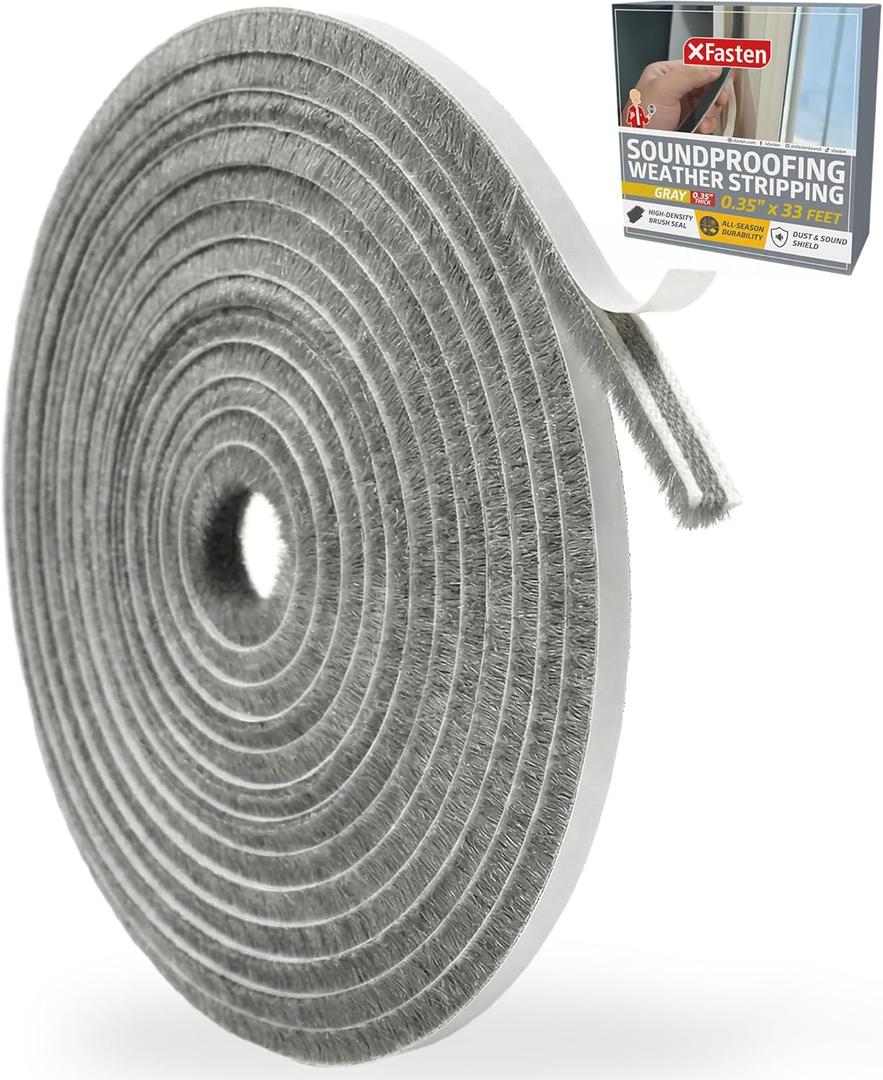 XFasten Self Adhesive Weather Stripping for Windows and Doors, 0.35" x 33 Ft Soundproofing Door Brush Seal Draft Stopper, Gray Insulation Seal Strip for Summer Heat, Winter Draft Blocker, 0.35" Thick