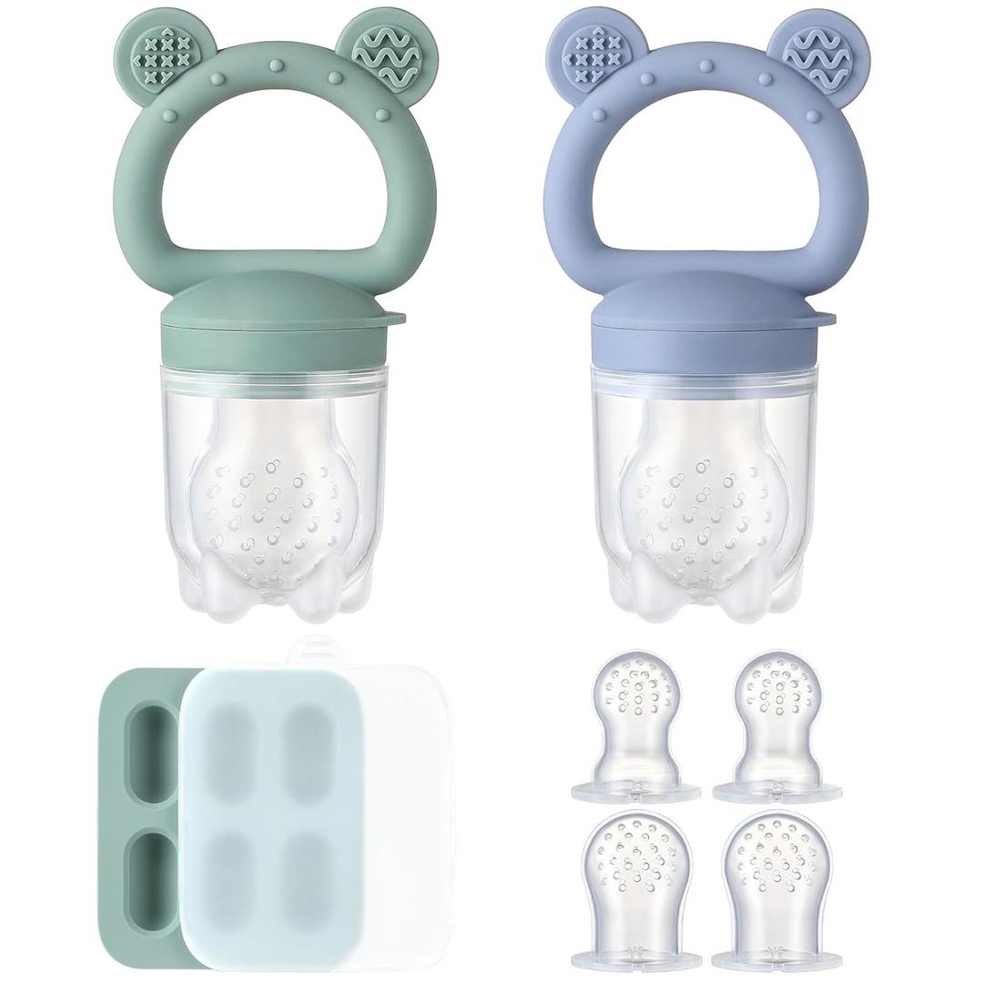 2 Pack Silicone Baby Fruit Feeder with Mini Freezer Tray, Baby Teethers, Breastmilk Popsicle Molds for Baby Teething Relief, Fresh Food Feeder for Safe Infant Self Feeding, Extra Food Pouches (Blue/Green)