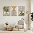 Large Boho Sage Green Framed Canvas Wall Art Set,Abstract Beige Arch Lines Wall Decor,Modern Minimalist Leaf Artwork for Living Room,Bedroom,Office-24 x36 x3