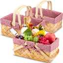 Sintuff 3 Pcs Natural Woven Picnic Basket with Double Folding Handles and Removable Liner Vintage Wooden Picnic Baskets for Halloween Red Riding Hood Apple Gift Candy Fruit Storage(Wood Color)