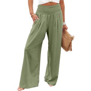 ANRABESS Women Linen Palazzo Pants Summer Boho Wide Leg High Waist Casual Lounge Pant 2025 Beach Travel Vacation Outfits (Green, S)