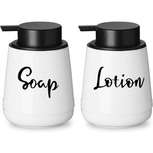 Farmhouse Ceramic Soap and Lotion Dispenser Set, Easy-to-Press Pump, 12oz (White)