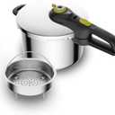 T-Fal Secure Stainless Steel Pressure Cooker, 6.3 Quart, Steam Basket, Induction, Secure Locking System, Easy and Safe Opening, Compatible with All Cooktops, Dishwasher Safe, Silver