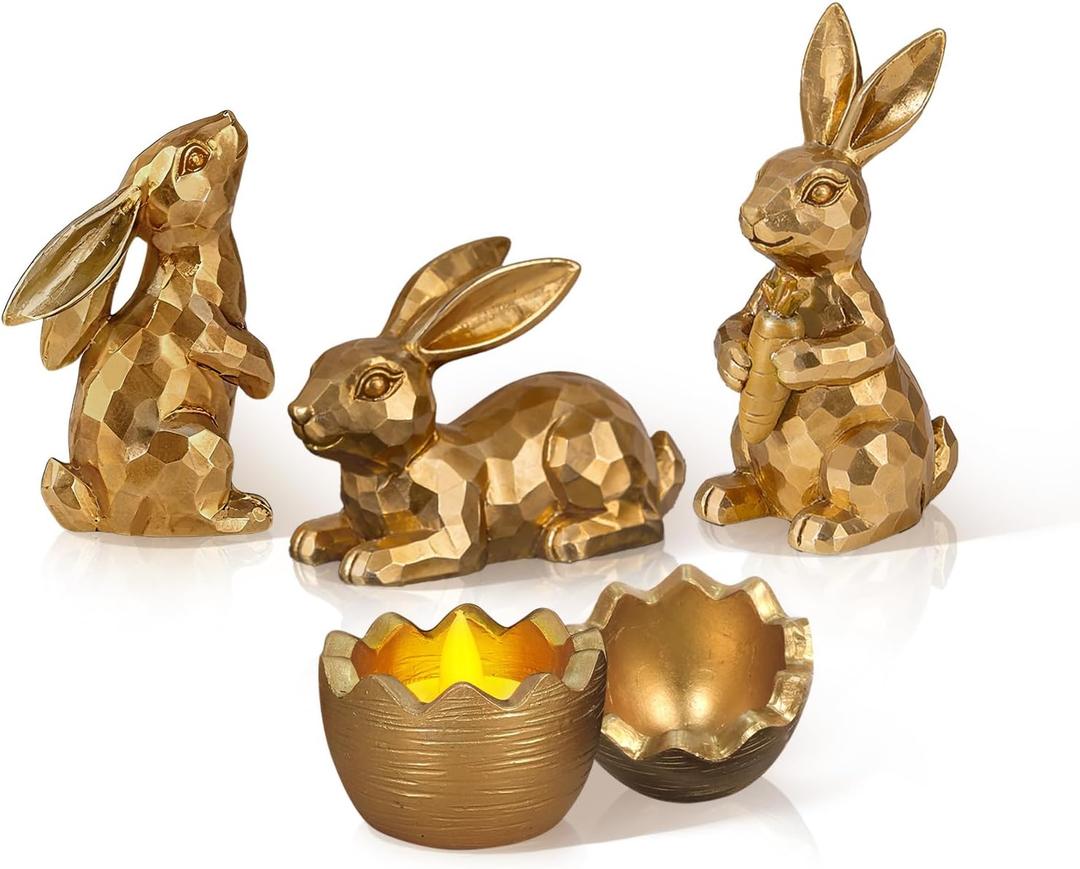 Easter Bunny Gold Bunny Figurines, 4PCS Spring Decors Easters Centerpieces for Tables Sculptures Home Decors, Easter Decorations for Home, 3.5 inches