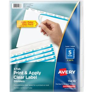 Avery 5 Tab Dividers for 3 Ring Binder, Easy Print & Apply Clear Label Strip, Index Maker Customizable White Tabs, 5 Sets (11436)