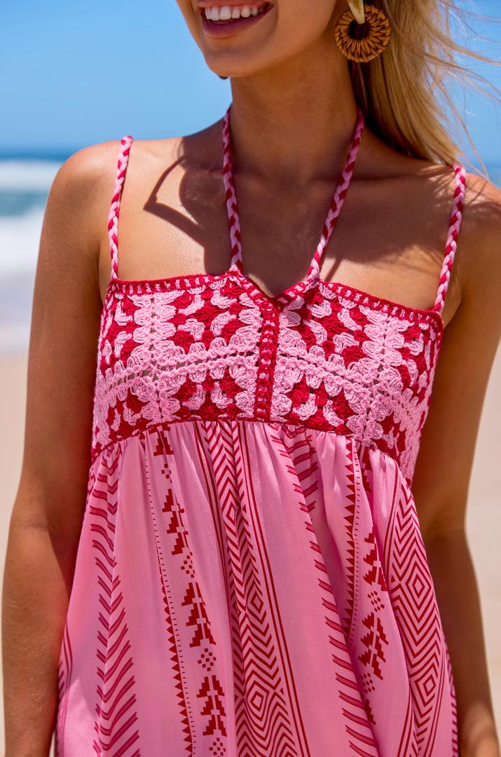 Pink Boho Square Neck Sleeveless Midi Dress L
