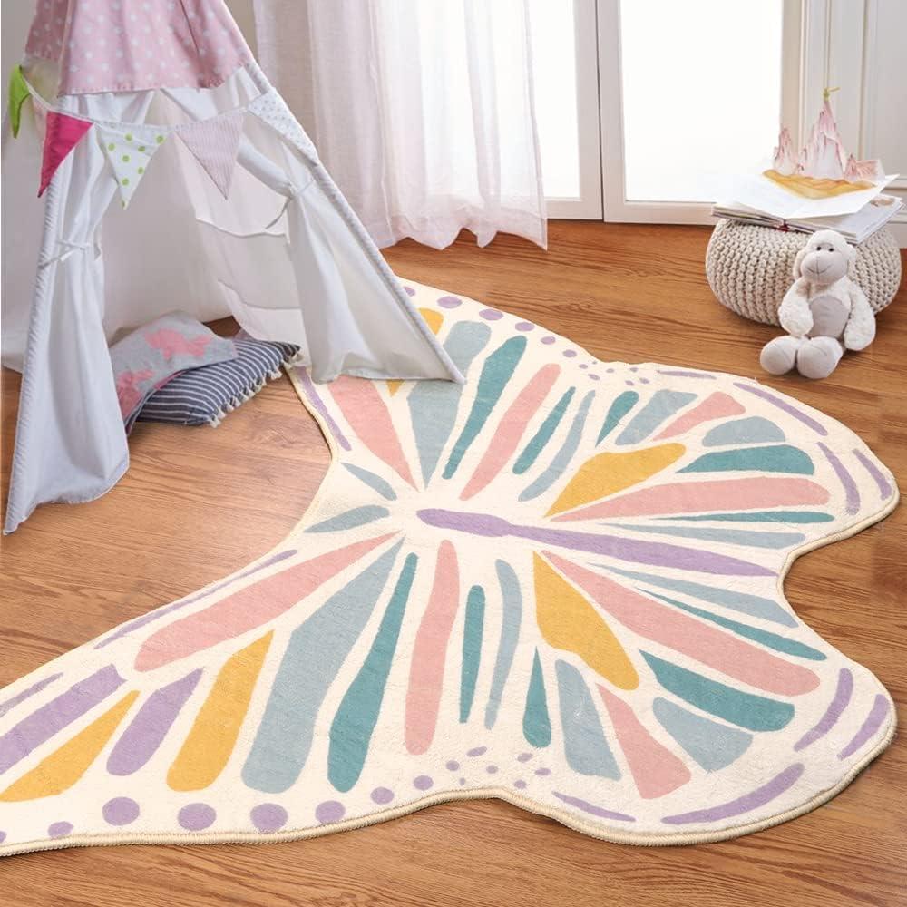 Lukinbox Kids Rugs for Bedroom, Large Butterfly Nursery Area Rug for Playroom, Colorful Kids Play Mat Non Slip Washable Shaped Carpet Super Soft Cute Baby Crawling Mat for Girls Living Room, 5' x 7' (Pink)