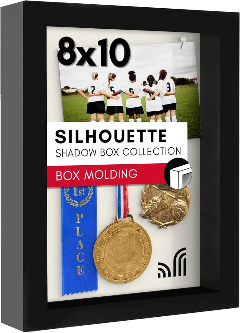 Americanflat 8x10 Shadow Box Frame with Shatter-Resistant Glass - Silhouette Collection - Large Shadow Box Display Case for Tabletop and Wall Display - Black with Soft Felt Back