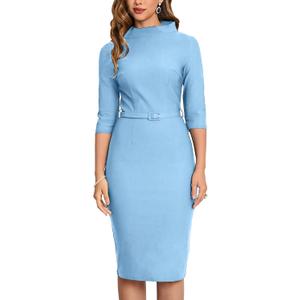 MUXXN Women's 1950s Vintage 3/4 Sleeve Elegant Collar Cocktail Evening Dress (Blue, M)