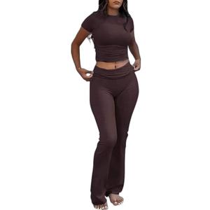 AYWA Women's 2 Piece Lounge Sets Short Sleeve Crop Top Foldover Flare Pants Casual Pajama Outfits (Brown, XXL)