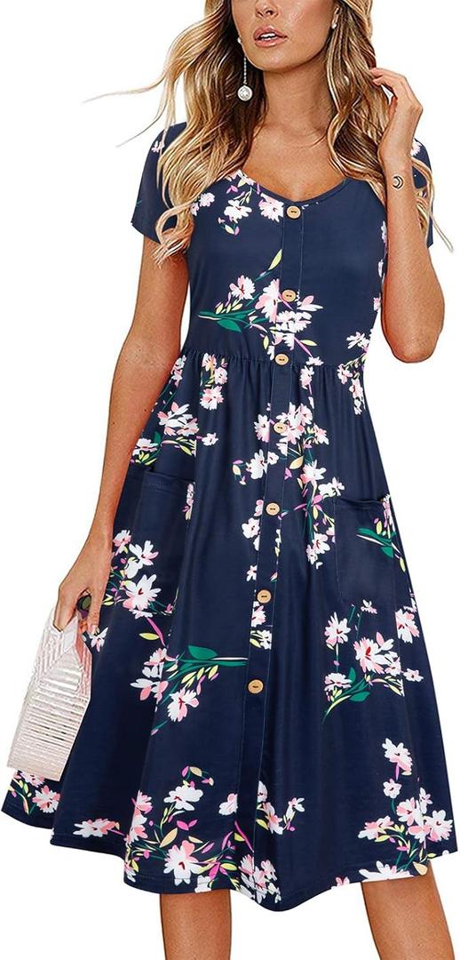 VOTEPRETTY Women's Short Sleeve V Neck Sundress Summer Casual Button Floral Dress with Pockets, Large