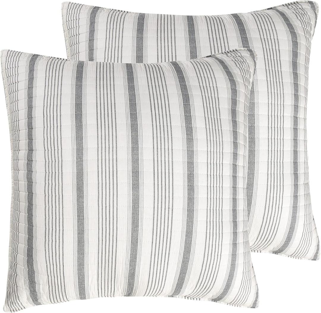 Levtex Home - Camden - Euro Shams (Set of 2) - Quilt Back Stripe - Subtle Famhouse Stripe - Grey and Cream - (26x26in.), No Insert