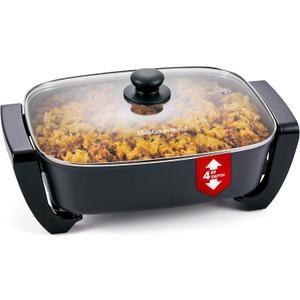 Elite Gourmet 15" x 12" x 4" Electric Skillet, Xtra Deep Dish, Ceralast PFAS Free Ceramic, 1500W Rapid Heat, Tempered Glass Vented Lid, Dishwasher Safe, 12.5 Qt., Black/Gray