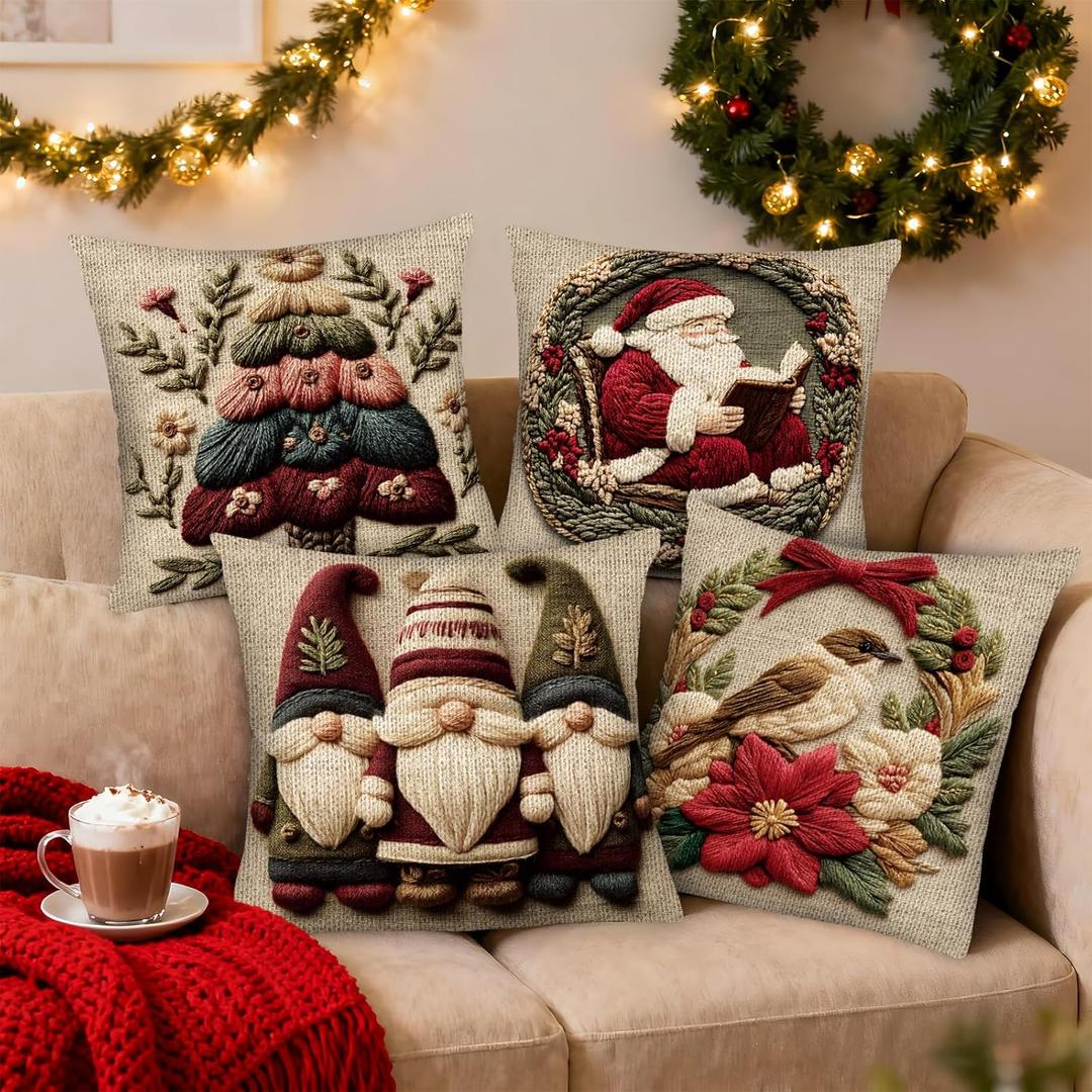 Christmas Pillow Covers 18x18 Set of 4, Xmas Decorative Cushion Covers, Holiday Santa Gnome Bird Tree Vintage Winter Holiday Throw Pillow Cases, Outdoor Living Room Pillow Covers