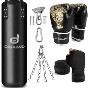 Odoland Punching Bag Set for Adults, 4FT PU Heavy Boxing Bag with 12OZ Boxing Gloves, Hand Wraps, Hanging Chains for MMA Karate Kickboxing Martial Art Home Gym Trainging - Unfilled