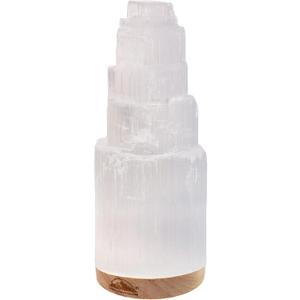 Himalayan Glow Selenite Crystal Lamp 20cm, Hand Curved Morocco |Skyscraper| Crystals and Healing Stones,(ETL Certified) with Wooden Base & USB Charging Cable For Healing Cleansing & Meditation