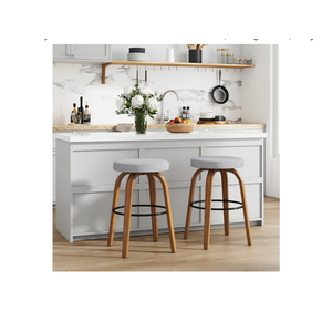 Swivel Bar Stools Set of 2, 26 Inch Counter Height Backless Bar Stools, Fabric Upholstered Seat, Sturdy Curved Wood Legs, Mid-Century Modern Island Stools for Kitchen Bar, Dining Room, Gray