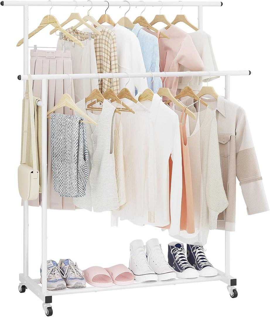 Calmootey Double Rod Clothing Garment Rack,Rolling Hanging Clothes Rack,Portable Clothes Organizer for Bedroom,Living Room,Clothing Store,White