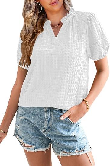SHEWIN Womens Tops Casual Puff Short Sleeve Shirts Ruffle V Neck Loose Blouses Size XL