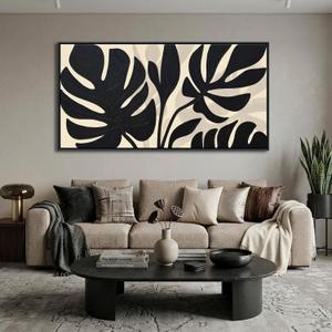 Neutral Botanical Canvas Wall Art for Living Room Beige And Black Modern Minimalist Artwork for Walls Framed Pictures for Bedroom Wall Decor Large Abstract Painting 24×48IN