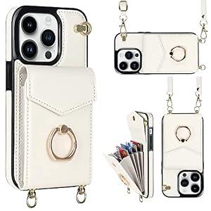 YYTVN for iPhone 14 Pro Max Case 6.7 inch, Minimalist Wallet Case with Ring Kickstand and Shoulder Strap, Shockproof Stylish Protective Cover for iPhone 14 Pro Max -White