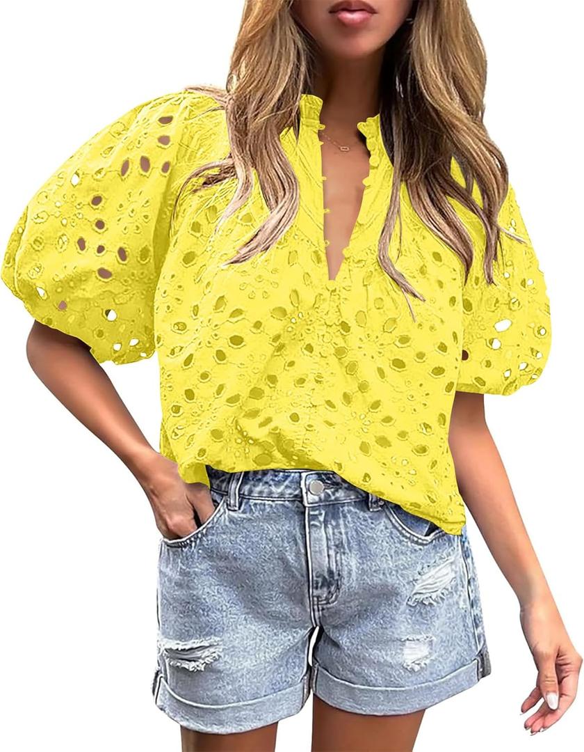 BETTE BOUTIK Women's Long Short Sleeve Tops 2025 Dressy Casual Button Hollow Out Lace Embroidered Blouses Shirts (Yellow)