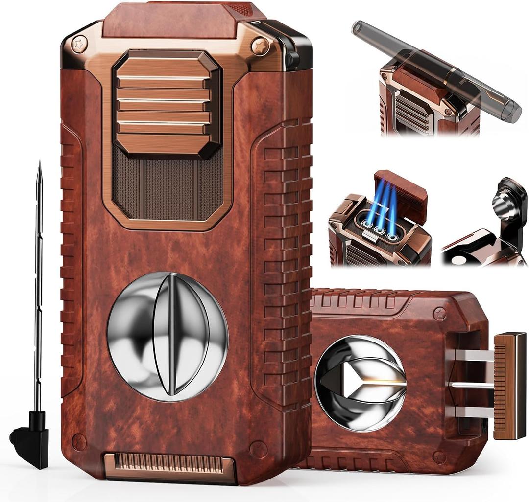 5-in-1 Torch Lighter with Cutter, Punch, Holder and Draw Enhancer Tool, Triple Windproof Jet Flame, Refillable Lighters with Accessories, Cool Lighter Gifts for Men, Butane Lighter for Candle, Travel (Redwood)