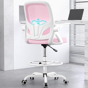 Tall Drafting Chair with Footrest Ring for Home and Work, Ergonomic Home Desk Office Chair with Flip up Arms and Lumbar Support, Extended Height Executive Home Desk Office Chair(Pink)