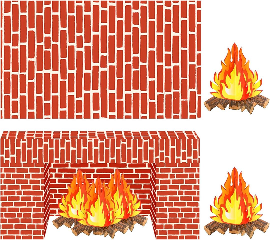 4 Pieces Christmas Red Brick Wall Party Backdrop Red Brick Wrapping Paper Fireplace Backdrop Decorations Artificial Fire Flame Cardboard 3D Campfire Fake Centerpiece, Tablecloth for Party Background