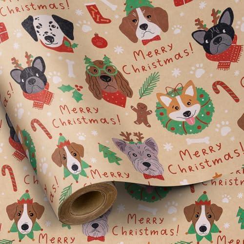 RUSPEPA Kraft Christmas Wrapping Paper Roll, Mini Roll, Xmas Dog and Merry Christmas Text Design Kraft Gift Wrap for Holiday Gifts, 17 Inches X 32.8 Feet