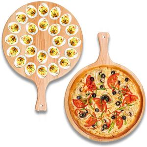 12" Reversible Deviled Egg Platter Round Charcuterie Board Wooden, 24 Holes Egg Plate Serving Tray with Handles for Charcuterie, Pizza & Holiday Spreads