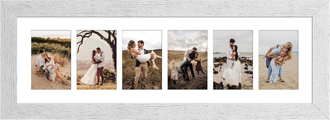 8x26 Picture Frame Display 6 opening 4X6 Picture Frame Collage,Multi Photo Frame with Mat,Plexiglass,Wall or Tabletop Decor,Distressed White Wood Grain