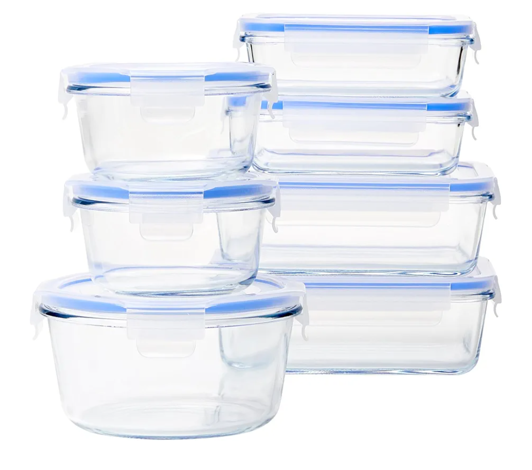 Amazon Basics Leak-Proof Glass Locking Lids Food Storage Containers, 14-Piece Set, 7 Count of Bases and 7 Plastic Lids, Clear, Blue, BPA Free