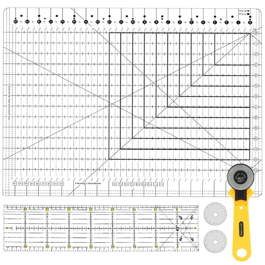2 Pcs Slotted Quilting Ruler Set with Rotary Cutter, Extra Large Non-Slip Acrylic Template for Precision Rotary Cutting Patchwork Sewing & Crafting (17.75" x 22" +17.75" x 4")
