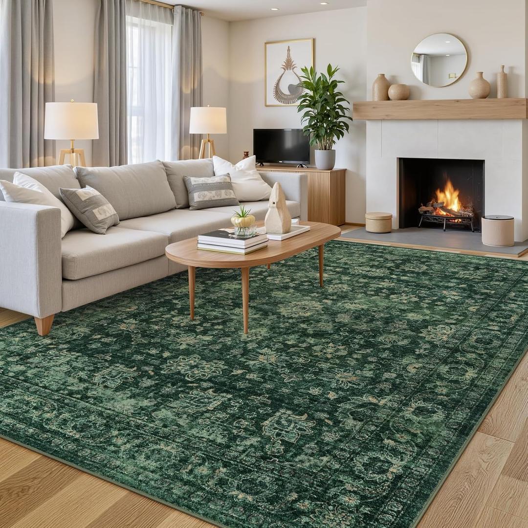 LIVEBOX Non-Slip 9 X 12 Area Rug, Washable Dark Green Rugs for Living Room, Soft Vintage Floral Boho Rugs for Bedroom, Non-Shedding Large Area Rug for Dining Room, Home Office, Dark Green