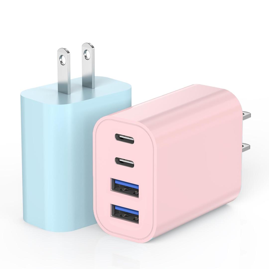 40W USB C Charger Block, [2 Pack] 4-Prot USB Type C iPhone Fast Charging Brick,Multiport Apple Adapter for iPhone 17/17Air/16e/16 Pro/16 ProMax/15/14/13/12,iPad Pro/iPad Air,iPad mini,iPad (Pink+Blue)