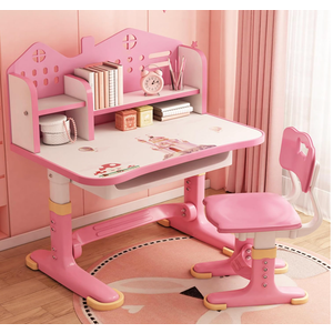 Kids Functional Desk and Chair Set, Ergonomic Height Adjustable Children School Study Desk with Storage, Book Stand, Metal Hook and Drawer for Boys Girls (Pink-)