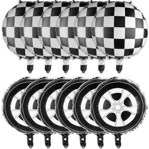 12 Pcs 18 Inch Black and White Checkered Balloons, Car Wheel Balloons Checkered Race Car Balloons Wheel Foil Balloons for Racing Theme Birthday Party Decoration Supplies