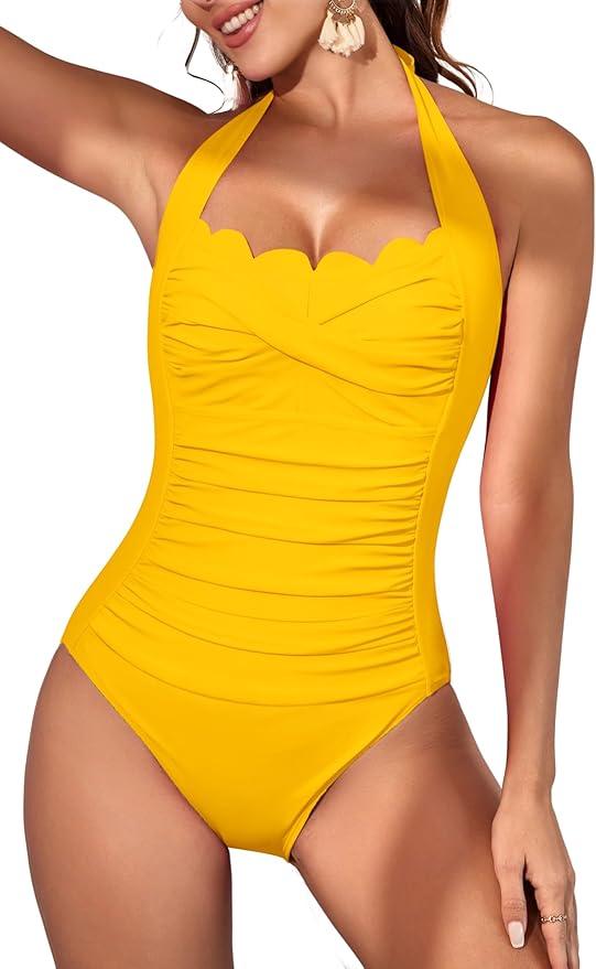 Eomenie Women One Piece Tummy Control Swimsuit Halter Scallop Trim Bathing Suits 1 Piece Vintage Ruched Slimming Swimwear Yellow, Large